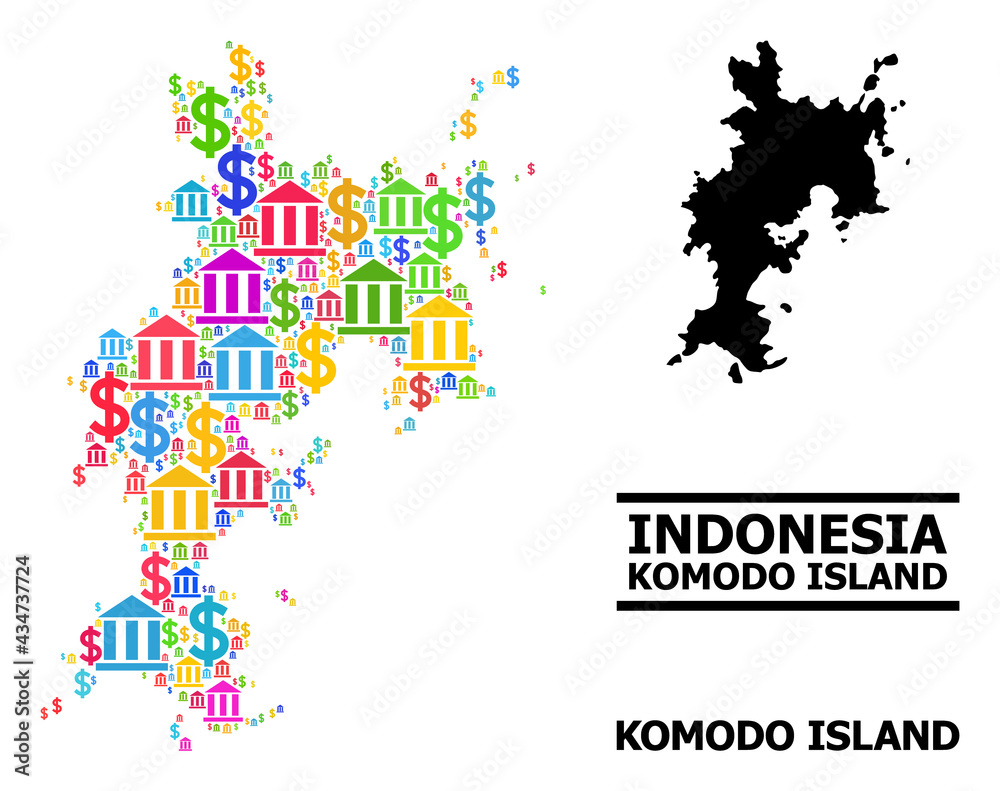 Fototapeta premium Colorful bank and dollar mosaic and solid map of Komodo Island. Map of Komodo Island vector mosaic for promotion campaigns and purposes.