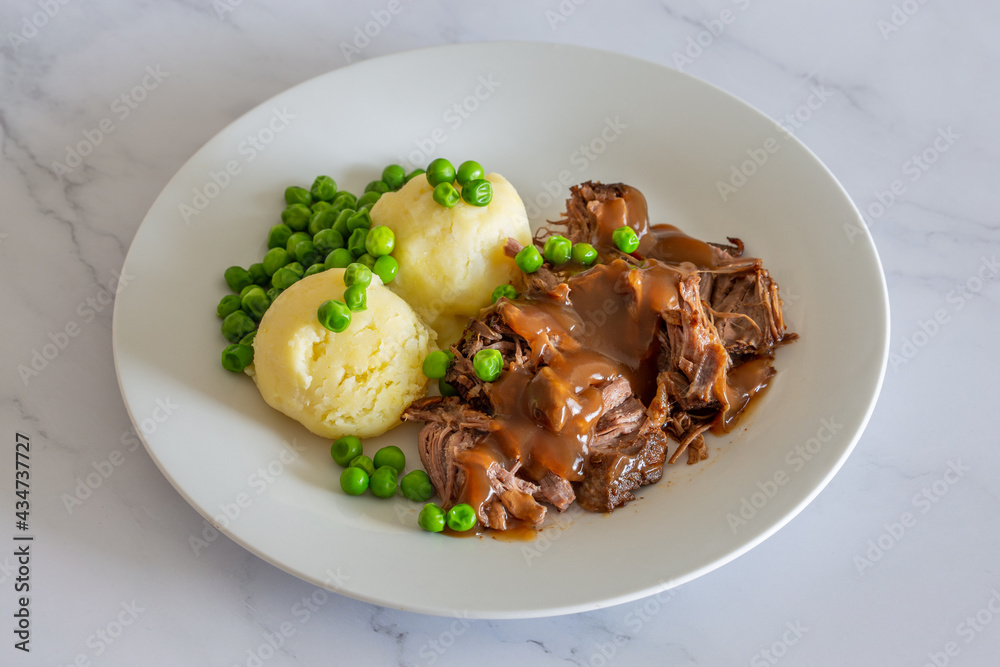 beef meat with gravy, mashed potatoes with green peas beef meat with gravy, mashed potatoes with green peas