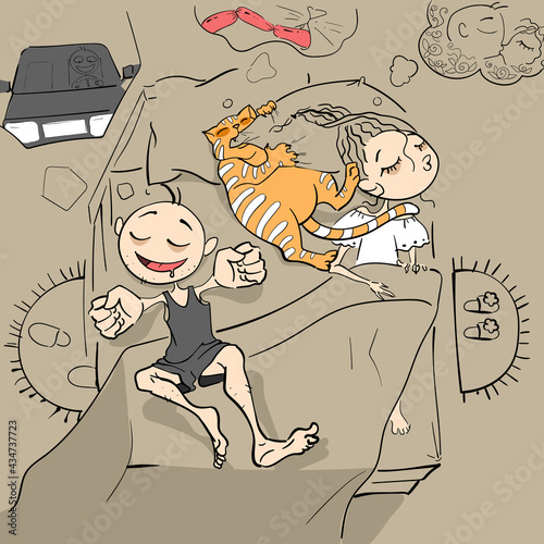 Man, woman and cat are sleeping and dreaming. Sweet dreams