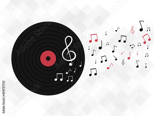 White Criss Cross Background Decorated With Musical Notes And Vinyl Disc.