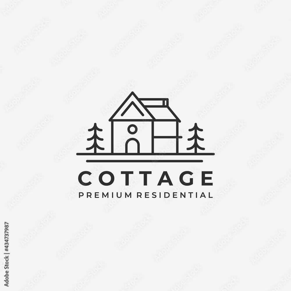 Estate Cabin Logo Line Art Vector Illustration, House Cottage Concept