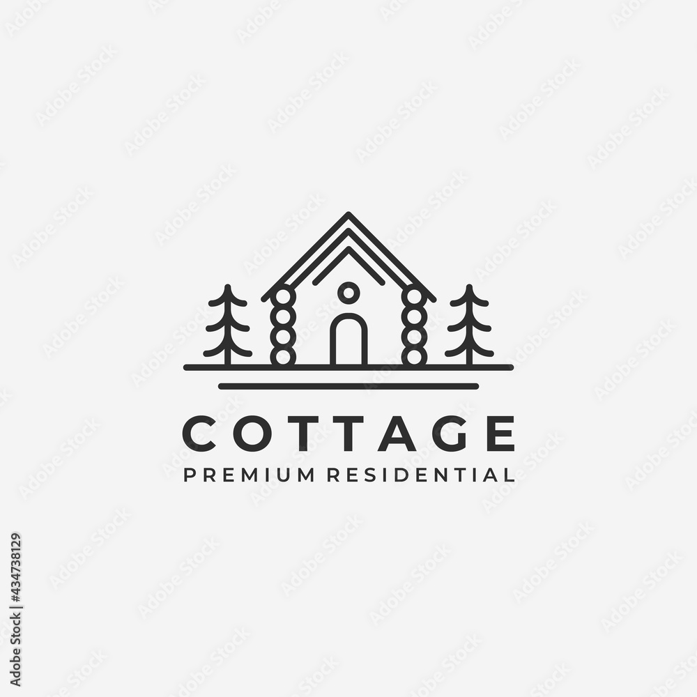 Wooden Cottage Cabin Logo Line Art Minimalist Vector Design Illustration