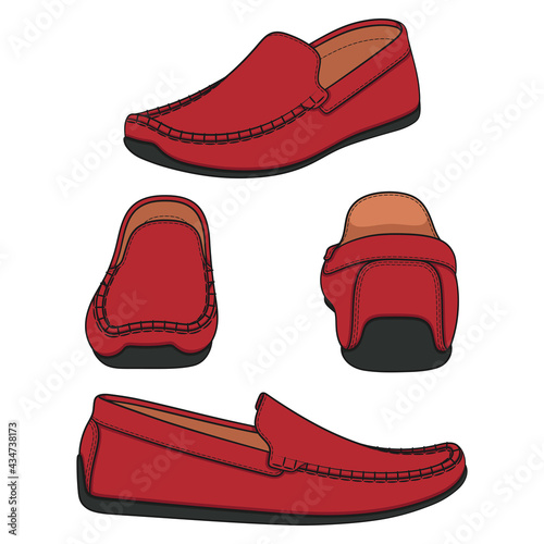 Set of illustrations with shoes, red moccasins. Isolated vector objects on a white background.