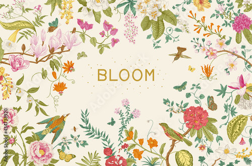 Greeting card. Bloom. Blooming tree. Horizontal frame. Vintage floral illustration