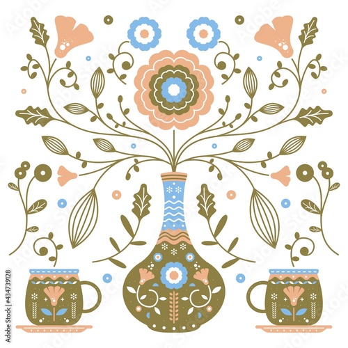 Folk art ornament with vase, jar, and flowers vector illustration. Scandinavian design style. Floral composition. 