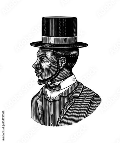 Elegant man. Male face. Afro american gentlemen in cylinder hat. Victorian era. Fashion and clothes. Businessman in suit. Hand drawn Old sketch. Vintage engraved illustration. 