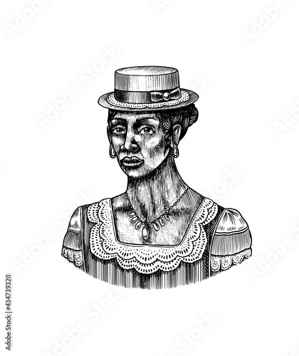 Elegant woman in Hat. Afro american Lady. Victorian era. Fashion and clothes. Hand drawn Old sketch. Vintage engraved illustration. 