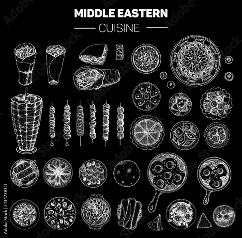 Arabic food hand drawn elements. Middle eastern food. Vintage hand drawn sketch vector illustration. Arabian cuisine. Food menu sketch set.