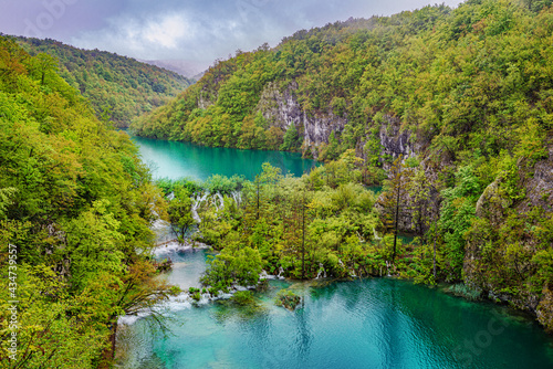 Aerial view of a natural National park with fresh green forest and turquoise lake in Plitvice - Croatia
