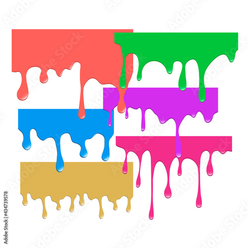Set of dripping colorful paints. Dripping liquid. Fluid fluid. Spilling paint. Falling paint. Fluid oil stain. Abstract  liquid drops of ink. Vector illustration