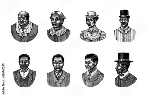 Elegant man. Male face. Afro american gentlemen. Victorian era. Fashion and clothes. Businessman in suit. Hand drawn Old sketch. Vintage engraved illustration. 