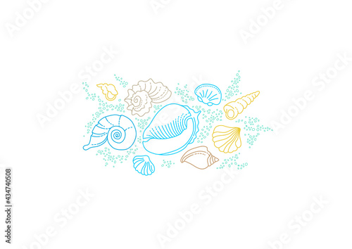 Vector line art tropical sea elements, seashells, and sand.