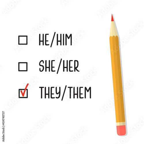 Check boxes with three personal gender pronouns options. Red tick against the singular they them. Non binary and gender neutral pronouns concept