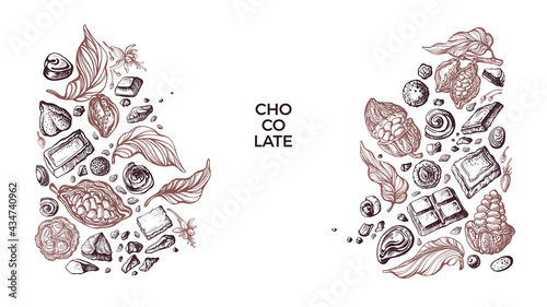 Choco border. Vector cocoa fruit, bean Art sketch