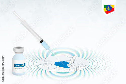 COVID-19 vaccination in Ethiopia, coronavirus vaccination illustration with vaccine bottle and syringe injection in map of Ethiopia.