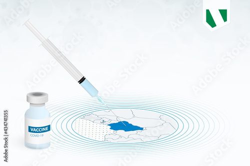COVID-19 vaccination in Nigeria, coronavirus vaccination illustration with vaccine bottle and syringe injection in map of Nigeria.
