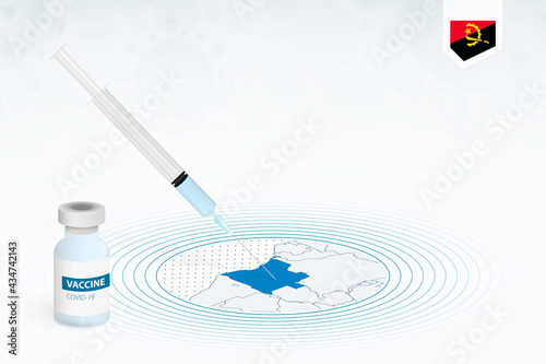 COVID-19 vaccination in Angola, coronavirus vaccination illustration with vaccine bottle and syringe injection in map of Angola.