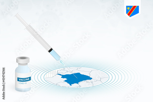 COVID-19 vaccination in DR Congo, coronavirus vaccination illustration with vaccine bottle and syringe injection in map of DR Congo.