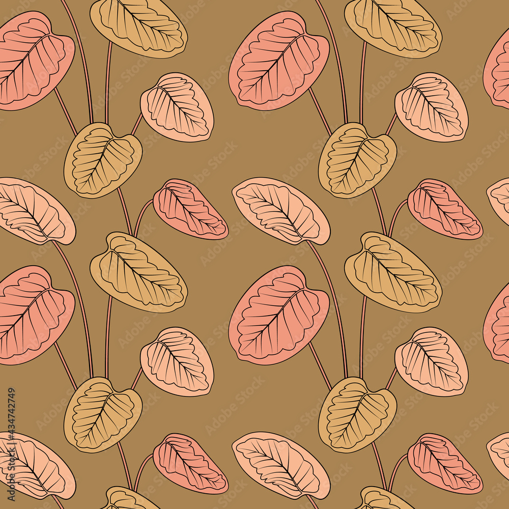 Tropical earthy calathea leaves black outline drawing seamless pattern. Brown vintage background. Jungle foliage line art texture. Stock vector illustration. Tropical earthy calathea leaves black outline drawing seamless pattern. Brown vintage background. Jungle foliage line art texture. Stock vector illustration.