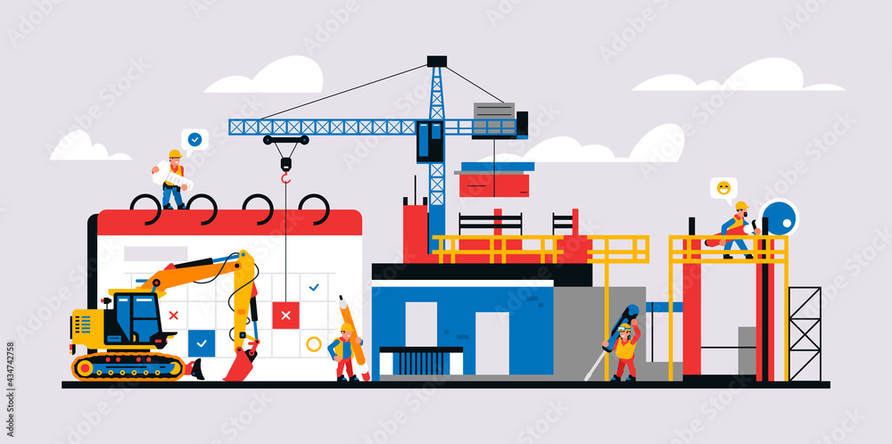Construction site and construction planning. Unfinished building readiness calendar, equipment, machines, crane, builders, workers, tools. Vector illustration isolated on background.