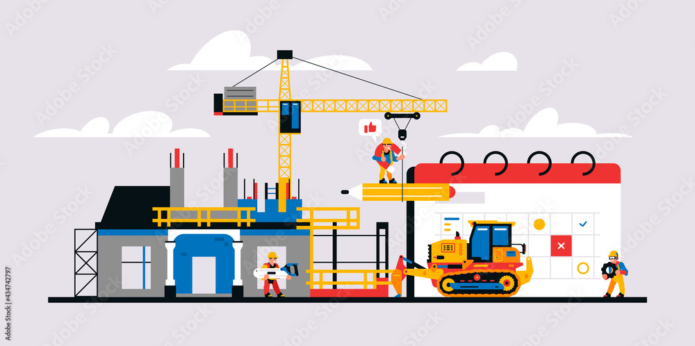 Construction site and construction planning. Unfinished building readiness calendar, equipment, machines, crane, builders, workers. Vector illustration isolated on background.