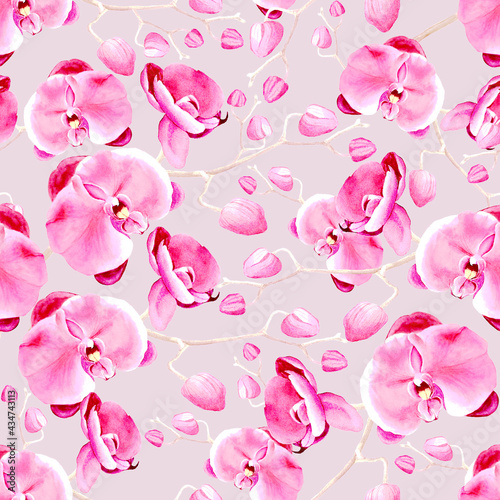 Pink seamless pattern. Floral watercolor background blooming orchids. hand painted burretfly flowers with buds. For wedding invitations, interior textile, clothes, wrapping paper