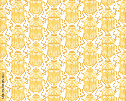 Seamless pattern with detailed illustrations of gold beetle insects on a white background, in vertical repeat.