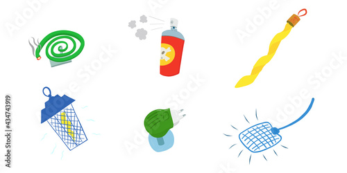 Insect repellent. Insect destruction set. Bug spray, mosquito repellent,fly swatter, fumigation, fly tape, mosquito trap