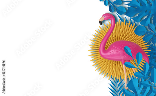 Pink flamingo on flower with leaves, summer season, summer template 3d rendering
