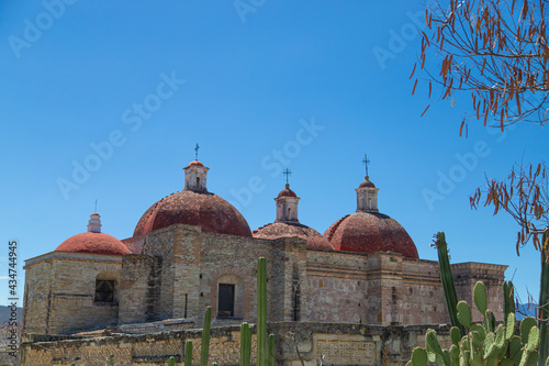 Catholic cathedral next to the ruins of the ancient city of Mitla, Oaxaca, Ruinas Zapotecas. Mexico Zapoteco Ruins