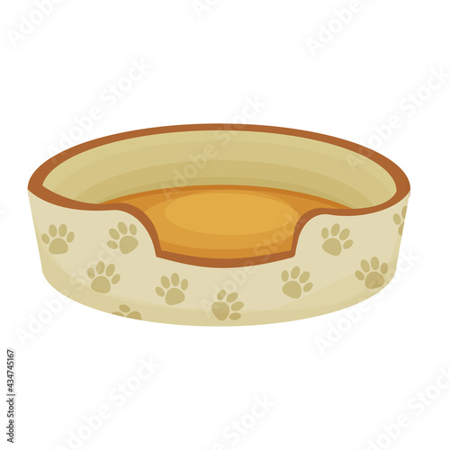 Cute dog or cat bed decorated with paw pattern in cartoon style isolated on white background. Pet accessory, comfortable crib, basket for rest.