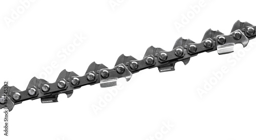 New metal chain saw pattern isolated on white background. Chain links with high magnification.