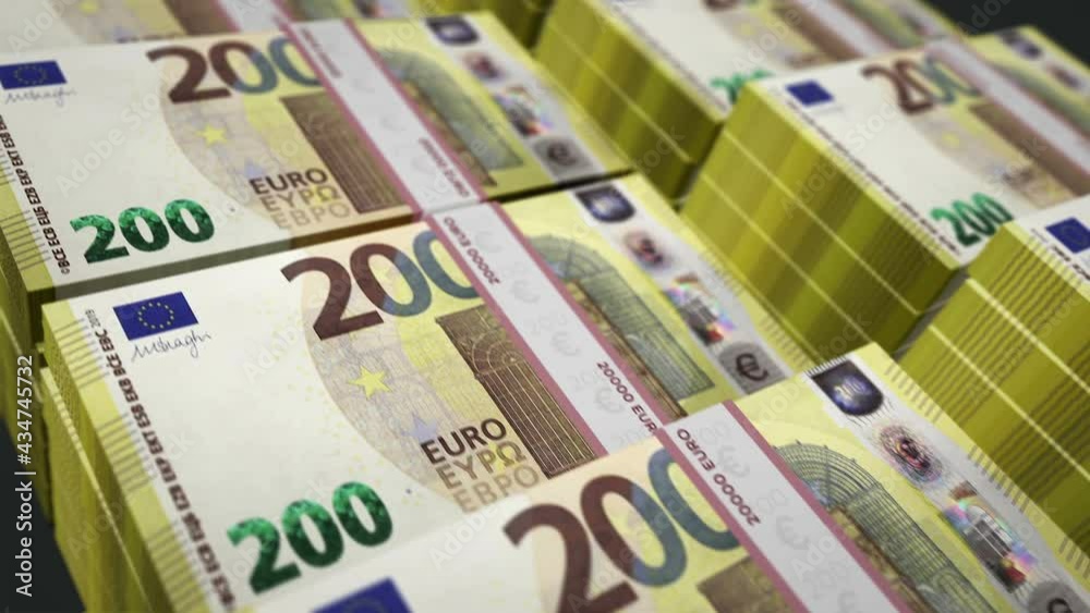 Euro money pack loop 3d animation. Camera moving over the 200 EUR banknote bundle stacks. Loopable seamless concept of finance, economy crisis, business recession, bank, tax and debt in Europe. Euro money pack loop 3d animation. Camera moving over the 200 EUR banknote bundle stacks. Loopable seamless concept of finance, economy crisis, business recession, bank, tax and debt in Europe.