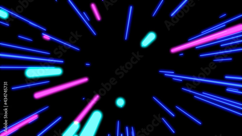Hyper jump Speed of light, neon glowing rays in motion