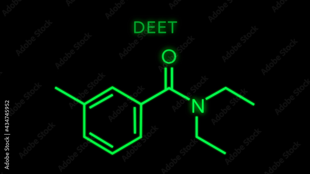 N,N-Diethyl-meta-toluamide also called DEET or diethyltoluamide Molecular Structure Symbol Neon Animation on black background N,N-Diethyl-meta-toluamide also called DEET or diethyltoluamide Molecular Structure Symbol Neon Animation on black background