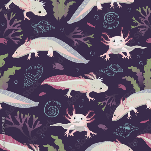 Axolotles with shells and seaweeds pattern