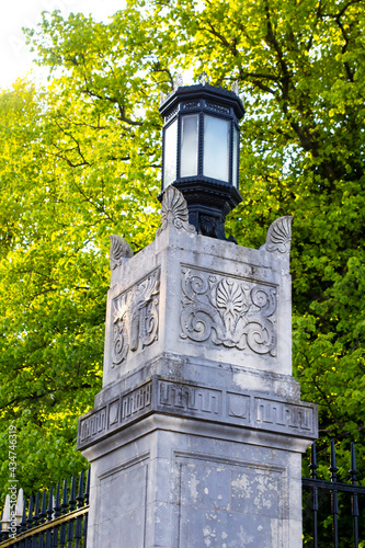 One of the six ornate Portland Stone pillars at the entrance to the Stormont Parliament Buildings on the Stormont Estate in East Belfast Northern Ireland