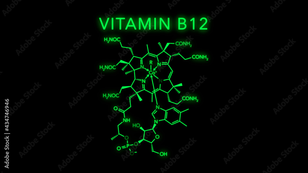 Vitamin B12 also known as cobalamin Molecular Structure Symbol on black