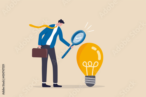 Validate startup idea that have potential to implement and success in real life, analyze and choose best business idea concept, smart businessman verify or validate light bulb idea and make approval. photo