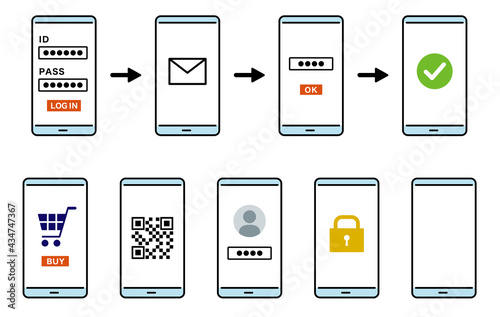 会員登録の流れのスマートフォンのイラスト　ログイン画面　線画カラー 　smartphone login screen