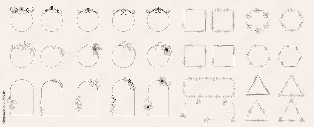 Fototapeta Collection of geometric vector flower frames. Round, oval, triangular, square borders decorated with hand-drawn delicate flowers. Trendy Line drawing, lineart style. Vector illustration