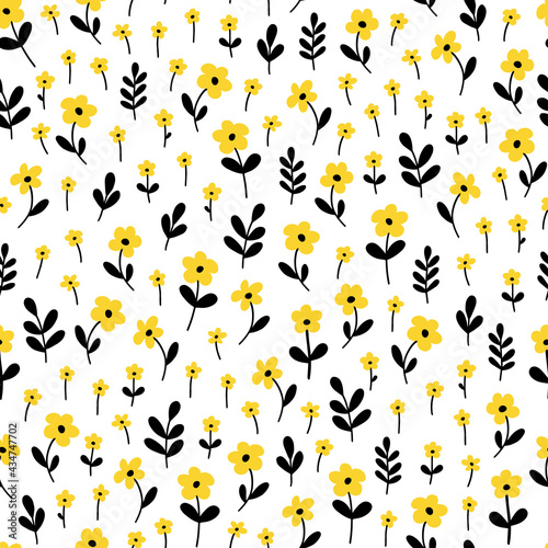 Seamless pattern with yellow flowers and black leaves