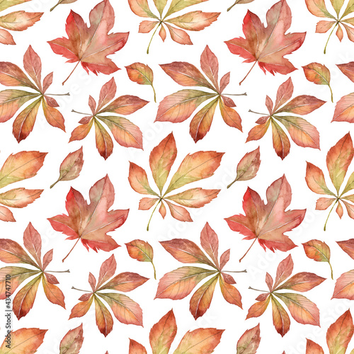 Seamless pattern with hand painted watercolor chestnut leaves