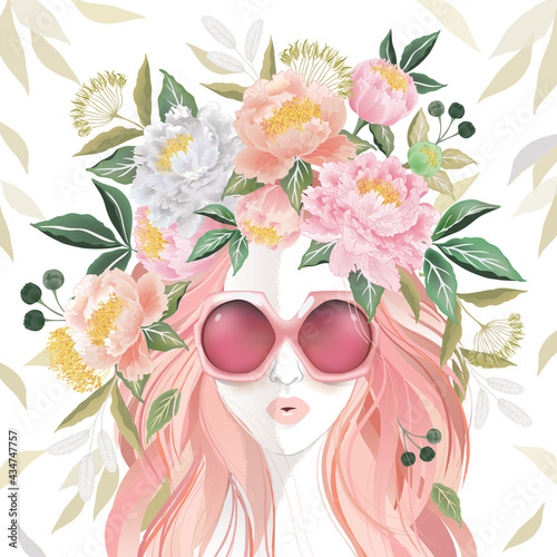 Vector illustration of a girl wearing sunglasses and decorating the hair with flowers. Design for invitation card, picture frame, poster, scrapbook				
