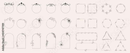 Collection of geometric vector flower frames. Round, oval, triangular, square borders decorated with hand-drawn delicate flowers. Trendy Line drawing, lineart style. Vector illustration
