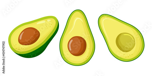 Set of cartoon slice of avocado with core isolated on the white. Tropical summer fruit flat style illustration. Set for label, logo, poster, print. Green avocado with seed. Vector illustration.