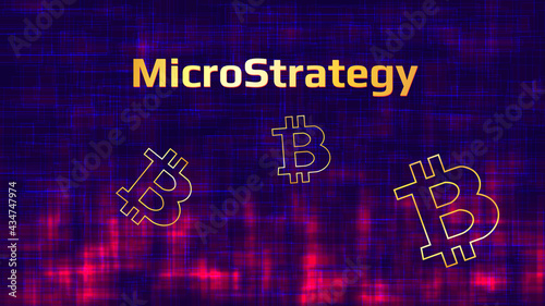 Banner MicroStrategy Incorporated on dark abstract background with Bitcoin symbols and red glow. Company that buys bitcoins and other digital coins and pushes the market up. Vector illustration.