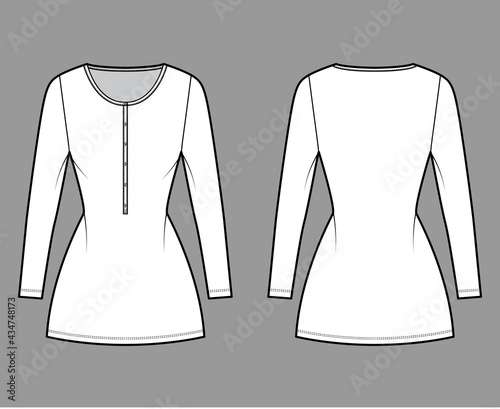 Dress henley collar technical fashion illustration with long sleeves, fitted body, mini length pencil skirt. Flat apparel front, back, white color style. Women, men unisex CAD mockup