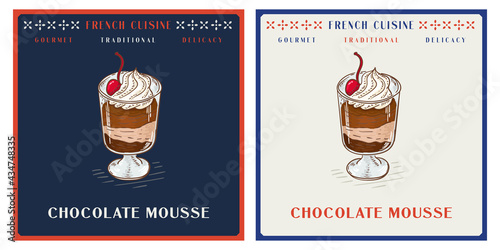 Chocolate Mousse in glass retro vintage creamy dessert illustration