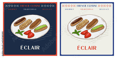 Set of eclairs on plate French pastry illustration